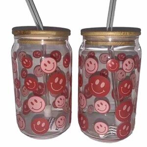Smiley Face Glass Tumblers with Straw set of 2